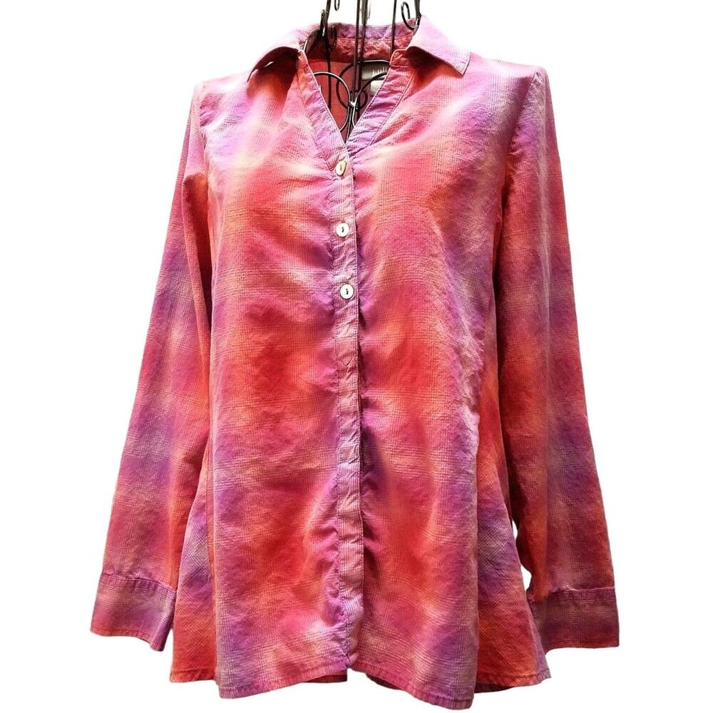 J Jill Plaid Purple & Pink Top Size XS Petite Soft Cotton Blend Tab Sleeve Retro